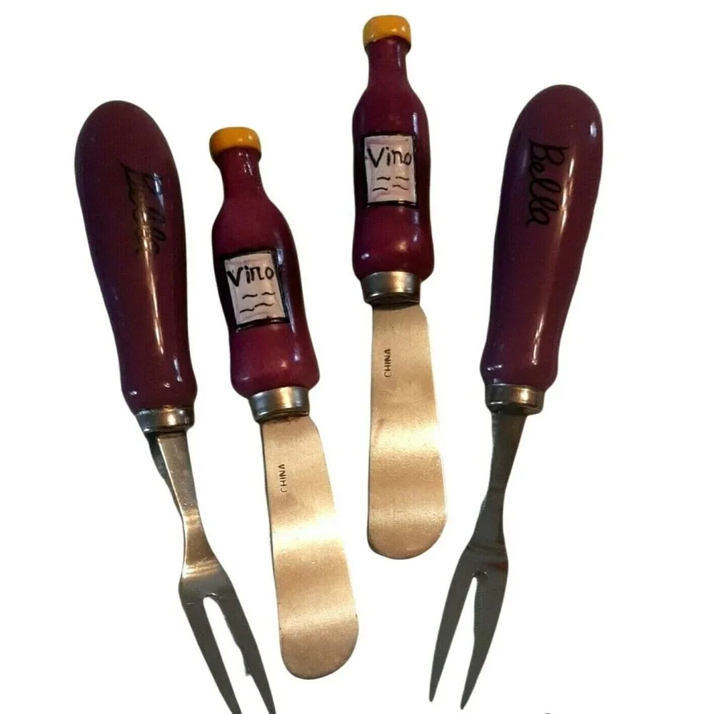 Set of 4 Appetizer Forks and Spreading Knives Purple Vino Wine Party
